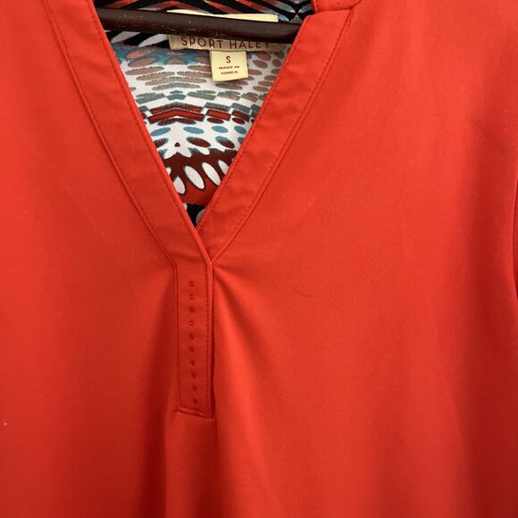 SPORT HALEY Mock Neck Half Sleeve Rhinestone Detailed Polo, Blood Orange- Small - Picture 6 of 9